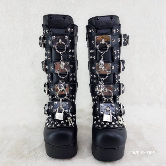 Demonia Charade Mace Charms Platform Chunky Heel Goth Mid Calf Boots - Picture 11 of 13